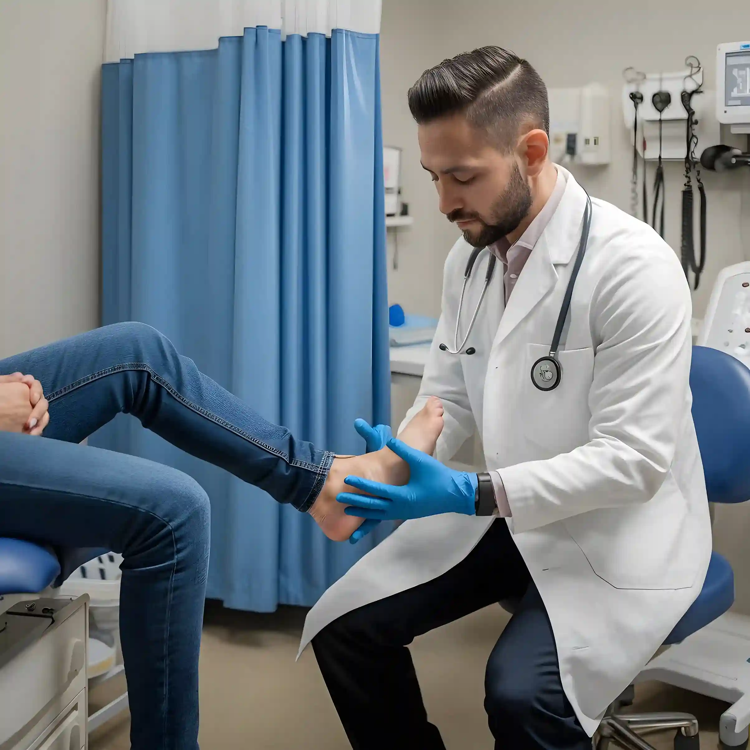 A Lakeside podiatrist performs a manual examination of a patient's foot to diagnose pain.