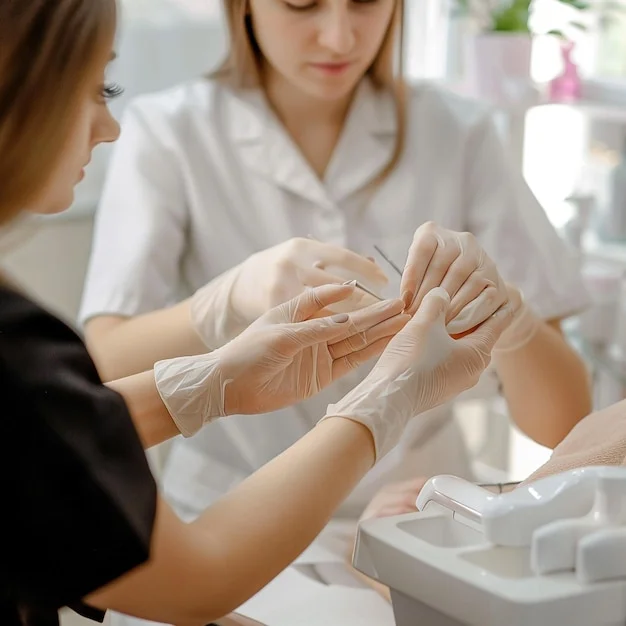 Patient examining their restored, natural-looking toenail after KeryFlex cosmetic nail treatment at Lakeside Foot and Ankle Center