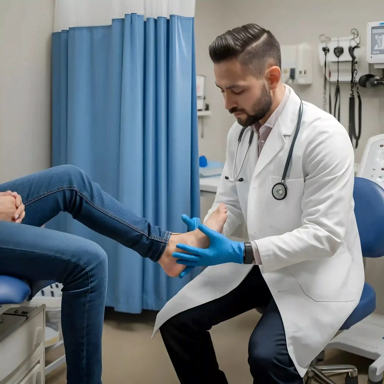 Lakeside podiatrist performing a manual foot examination to diagnose chronic pain before recommending advanced surgical care